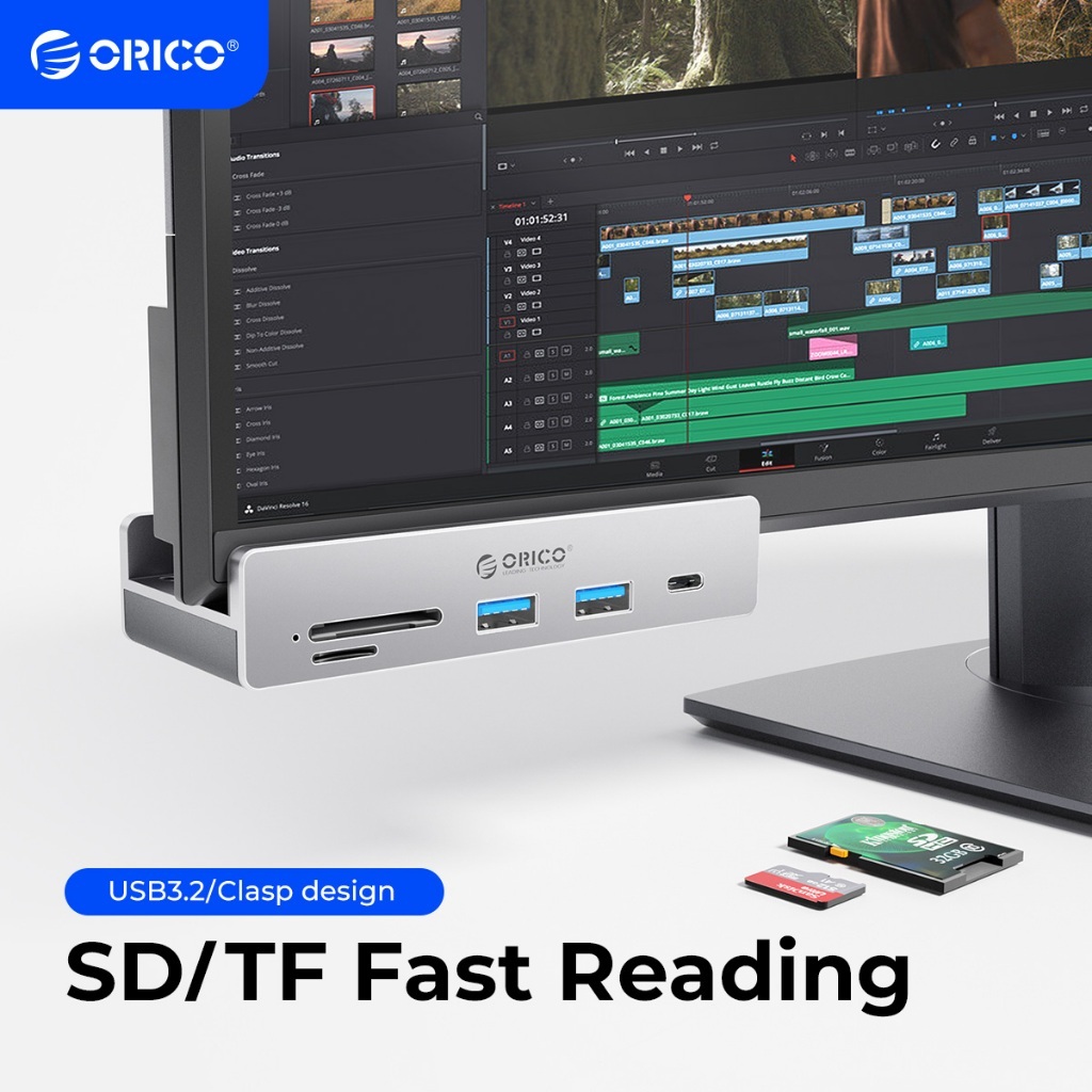 ORICO MH5PC USB 3.2 Hub คลิปอลูมิเนียม-Type 4-Port USB Splitter พร้อม SD TF Card Reader พอร์ตแหล่งจ่ายไฟสําหรับแล็ปท็อปเดสก์ท็อป PC