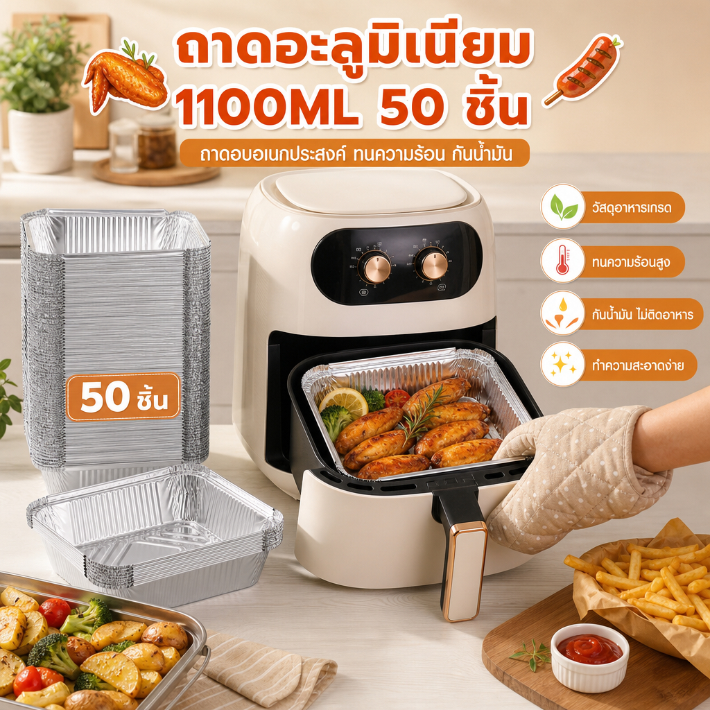 ถาด (แพ็ค50ใบ) แบบใช้แล้วทิ้ง สำหรับหม้อทอด/เตาอบ ถ้วย ถาดอะลูมิเนียม แผ่นรองหม้อทอด ถาดฟอยล์อลูมิเนียม ทรงกลม ไม่ติดผิว แบบใช้แล้วทิ้ง 1100มิลลิลิตรไม่ติดอลูมิเนียมฟอยล์ถาดอบนํามาใช้ใหม่อาหารเกรดอลูมิเนียมฟอยล์ภาชนะ