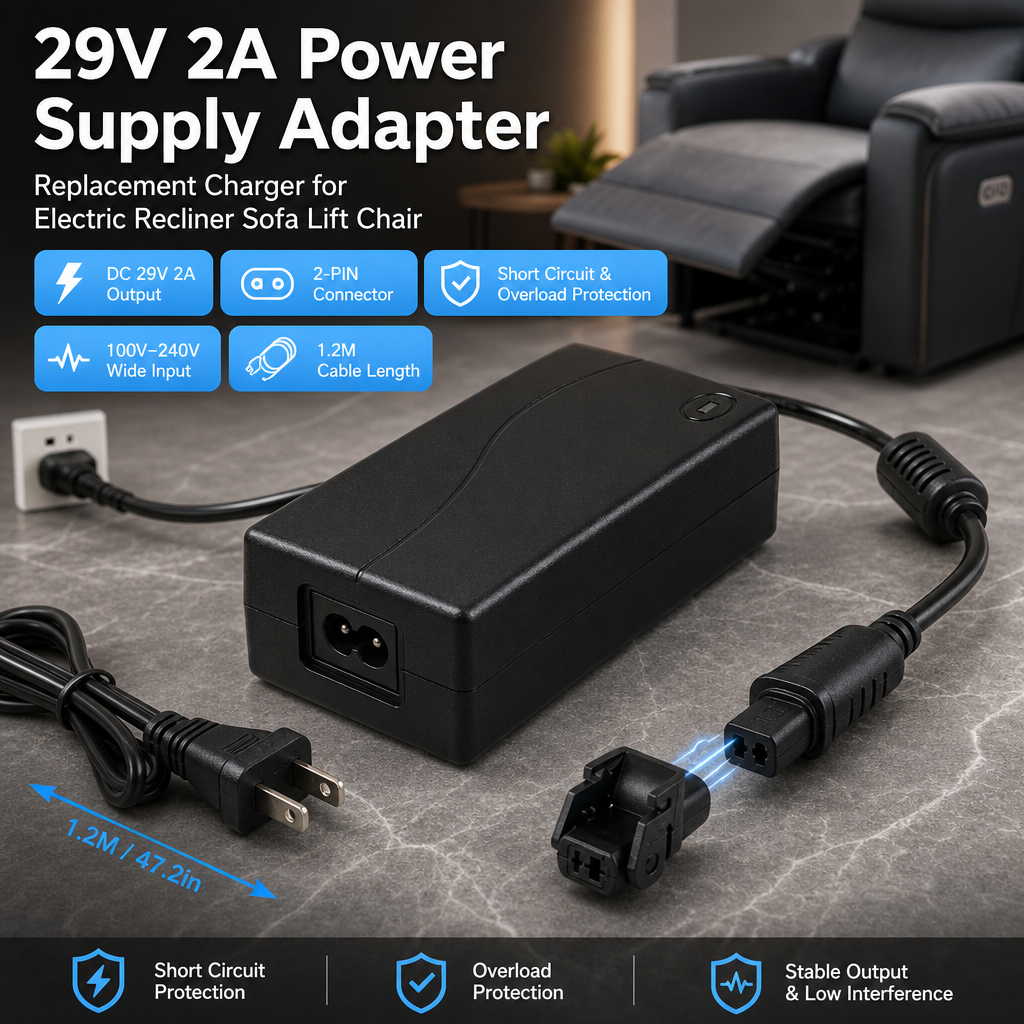 แหล่งจ่ายไฟผู้เอนกายไฟฟ้า 29V 2A อะแดปเตอร์เก้าอี้โซฟา DC Switching Power Supply Transformer