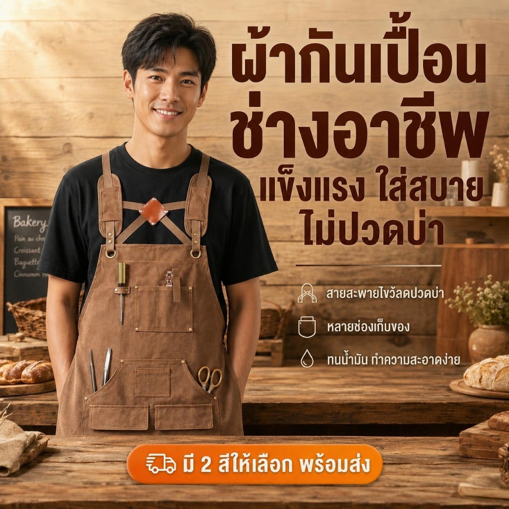 ผ้ากันเปื้อนผ้าใบสไตล์อเมริกัน วินเทจ แขนกุด สายรัดไขว้หลัง มีกระเป๋าหลายช่อง กันน้ำมัน ทนทาน ใส่ทำงานคาเฟ่ อบขนม ช่างตัดผม แบบสายไขว้