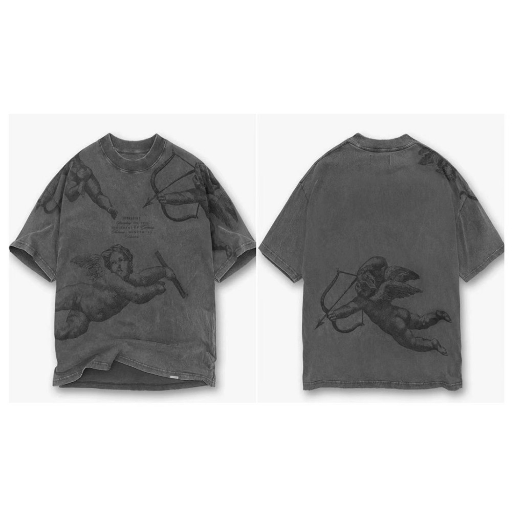 Unisex Vintage Washed Angel Print Crew Neck เสื้อยืดแขนสั้นขนาดใหญ่