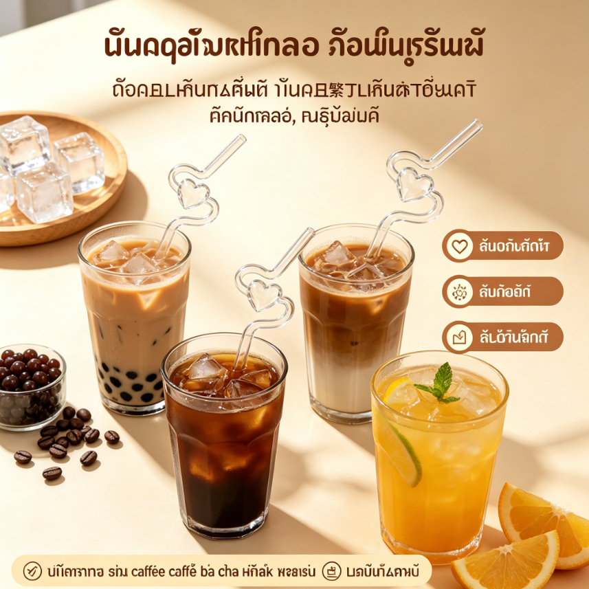 หลอดแก้วดื่มน้ำ หัวใจสีใส หลอดชาไข่มุก หลอดแก้วรักษ์โลก ทนความร้อน ใช้ซ้ำได้ สำหรับร้านกาแฟ บาร์ (เก็บเงินปลายทาง)