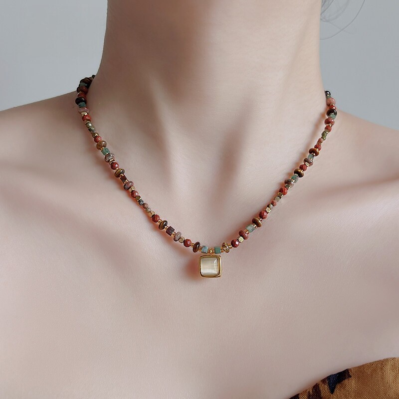 สร้อยคอลูกปัดหินธรรมชาติสีสันสดใสวินเทจสําหรับผู้หญิง, Square Cat‐Eye Pendant Choker