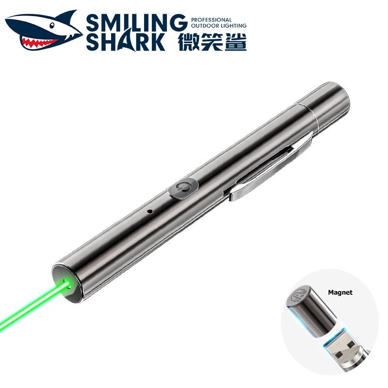 SMILING SHARK LS307B Mini ไฟฉาย led ตัวชี้เลเซอร์แสงเลเซอร์พร้อมคลิปปากกาแม่เหล็ก USB ชาร์จแบบพกพากันน้ําสําหรับแมวเล่นโต๊ะทรายการสอนตัวชี้