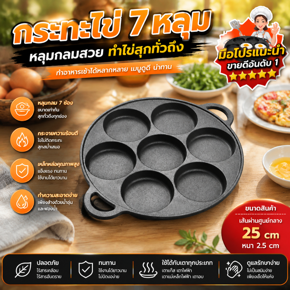[จัดส่งในพื้นที่] กระทะไข่เจียว 7 หลุมเหล็กไม่ติดครัวทําอาหารแฮมกระทะไข่กระทะยัดไส้แพนเค้กสําหรับเตาแก๊สเหนี่ยวนํา