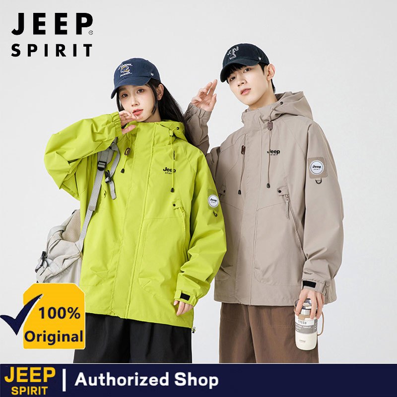 JEEP SPIRIT ผู้ชายเสื้อแจ็คเก็ตมีฮู้ดซิป Cargo กันน้ําสีดํา Bomber Camping หลวมบาง Softshell Hooded เดินป่าแจ็คเก็ต