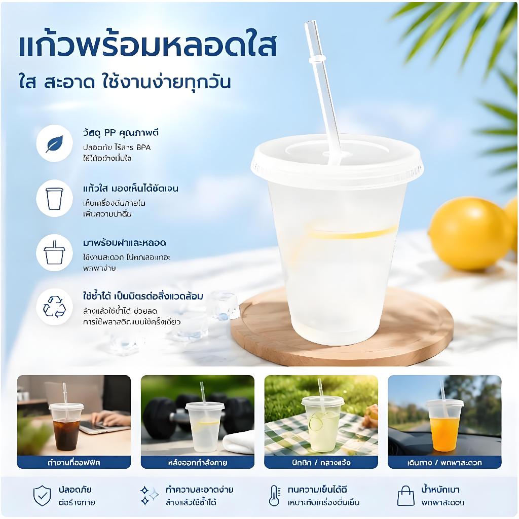[YG] 475ml แก้วฟางถ้วยพร้อมฝาปิดถ้วยน้ําเครื่องดื่มถ้วยอาหารเกรด PP พลาสติกเครื่องดื่มแบบใช้ซ้ําได้แก้ว Drinkware TH