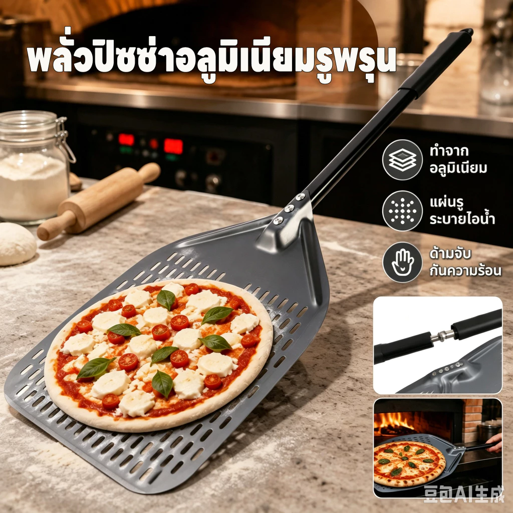 Perforated Pizza Peel 12 นิ้วอลูมิเนียมพิซซ่า Paddle Nonstick พิซซ่าเปลี่ยน Peel Anti-Scald Handle ทนความร้อนพิซซ่าไม้พาย Paddle