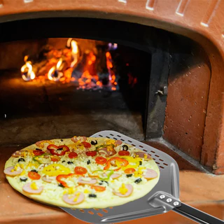 Perforated Pizza Peel 12 นิ้วอลูมิเนียมพิซซ่า Paddle Nonstick พิซซ่าเปลี่ยน Peel Anti-Scald Handle ทนความร้อนพิซซ่าไม้พาย Paddle