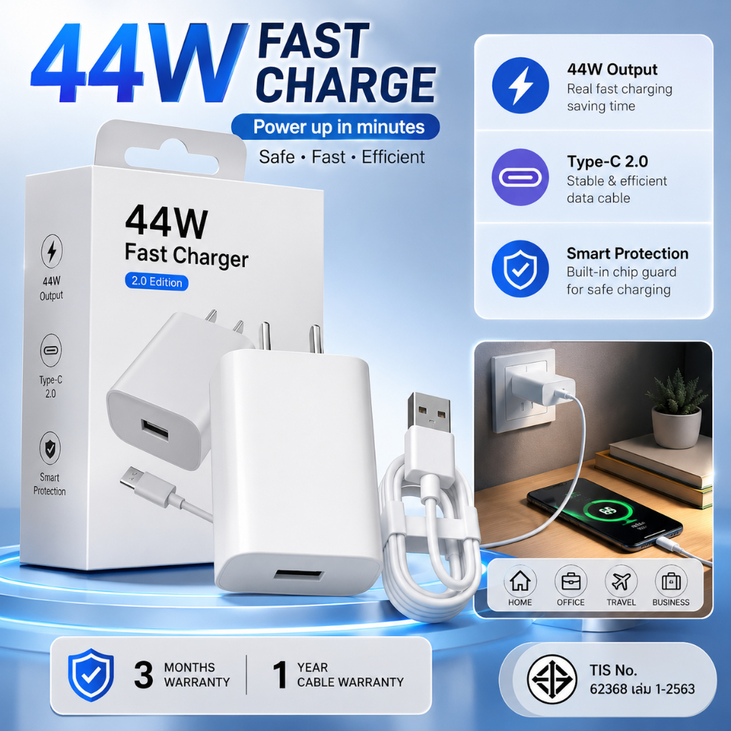 ที่ชาร์จเร็ว 44W Flash Charge 2.0 หัวชาร์จ Type-C + สายชาร์จ รองรับหลายรุ่น Vivo Y27 Y36 Y55 Y76 S17