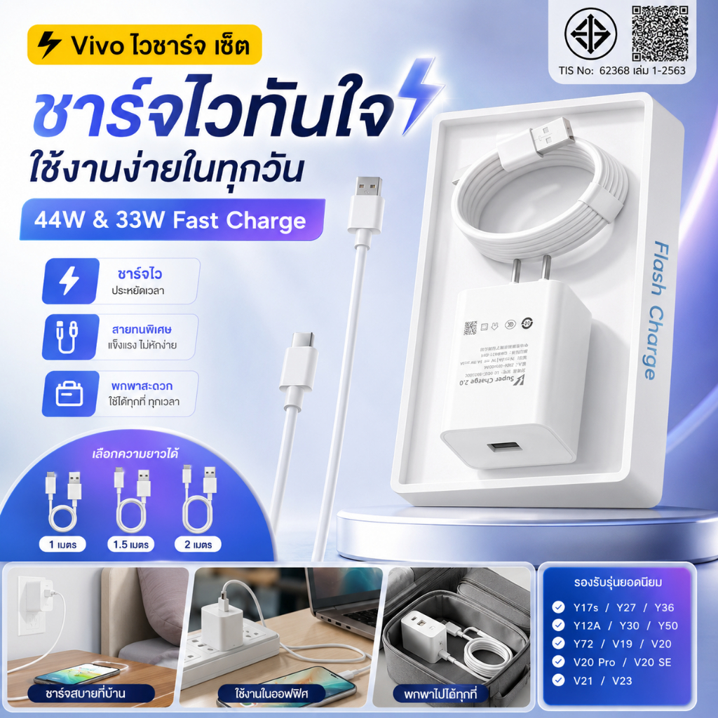 ชาร์จไว 44W ชุดอะแดปเตอร์ชาร์จเร็ว + สาย Type-C 6A 1/1.5/2 ม. รองรับหลายรุ่น Vivo Y17s Y27 Y36 Y21 Y
