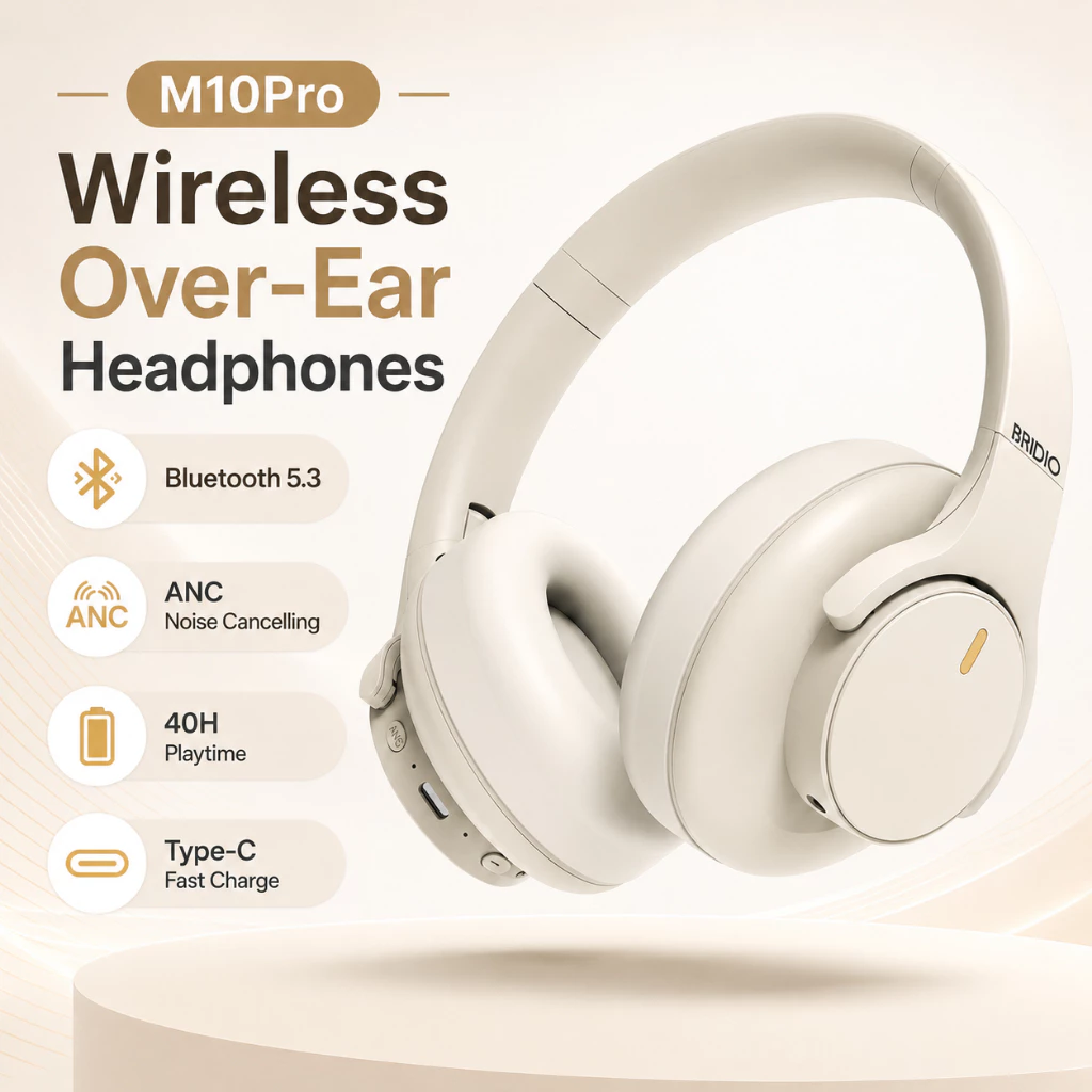 Bridio M10 Pro หูฟังครอบหูไร้สาย ANC Bluetooth 5.4 ตัดเสียงรบกวน ไมค์คมชัด เสียงสเตอริโอ เบสแน่น