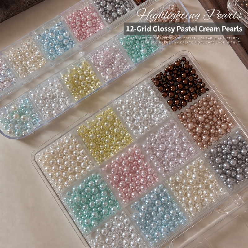 12-Grid High-Shine Pearl Nail Art Charms สีสัน Dopamine ครีมสีไข่มุก DIY ชุดตกแต่งเล็บ