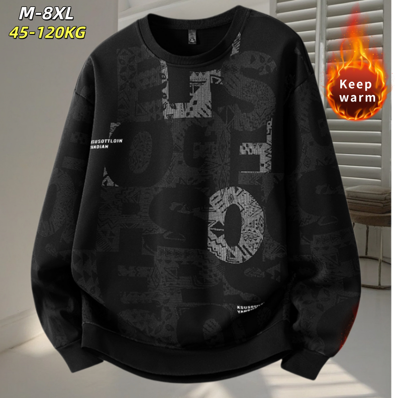 [Wear45-120KG] M-8XL Plus ขนาดฤดูใบไม้ร่วงฤดูหนาวขนแกะซับหนาเสื้อกันหนาวผู้ชายรอบคอแฟชั่นสบายๆที่ไม่ซ้ํากันพิมพ์ Street Wear Top