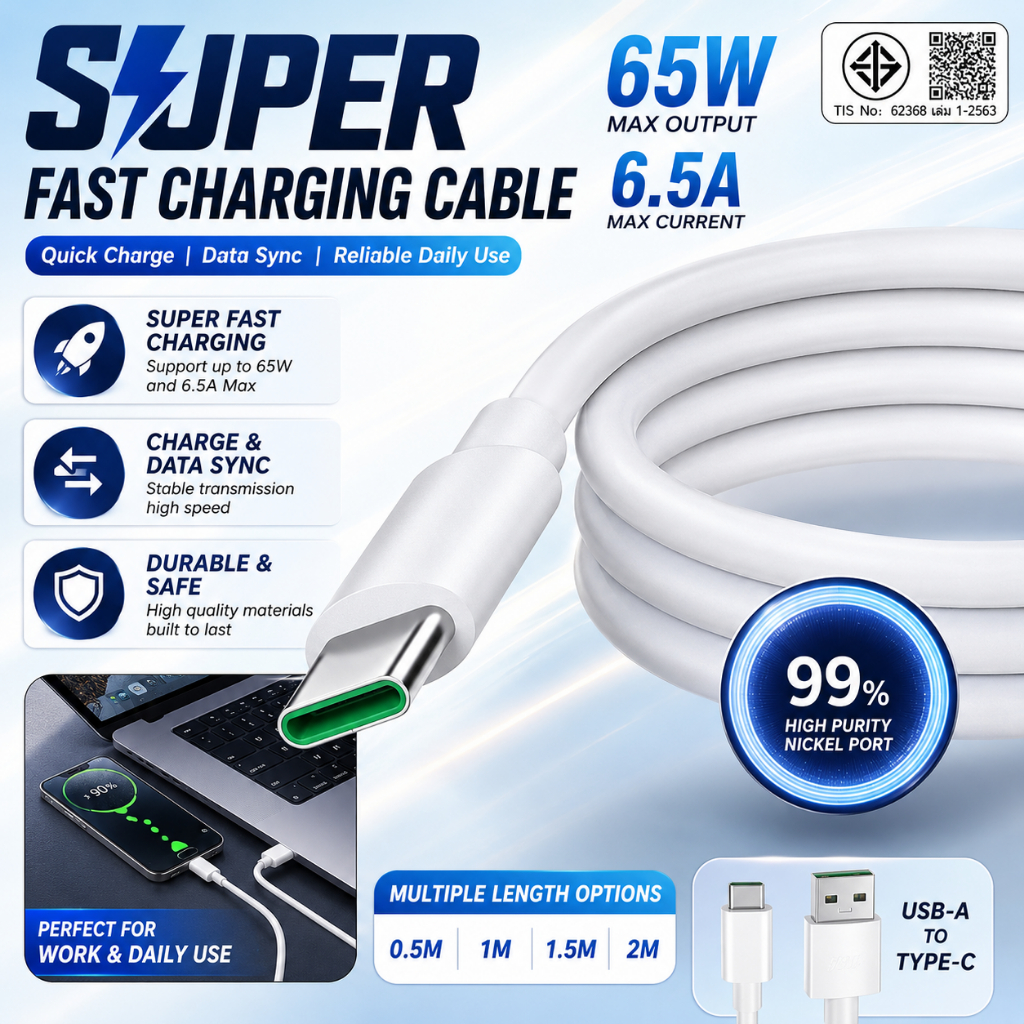 สายชาร์จเร็ว 65W 6.5A USB-C รองรับชาร์จเร็ว โทรศัพท์ Type-C สายชาร์จข้อมูล 0.5m 1m 1.5m 2m ใช้งานได้