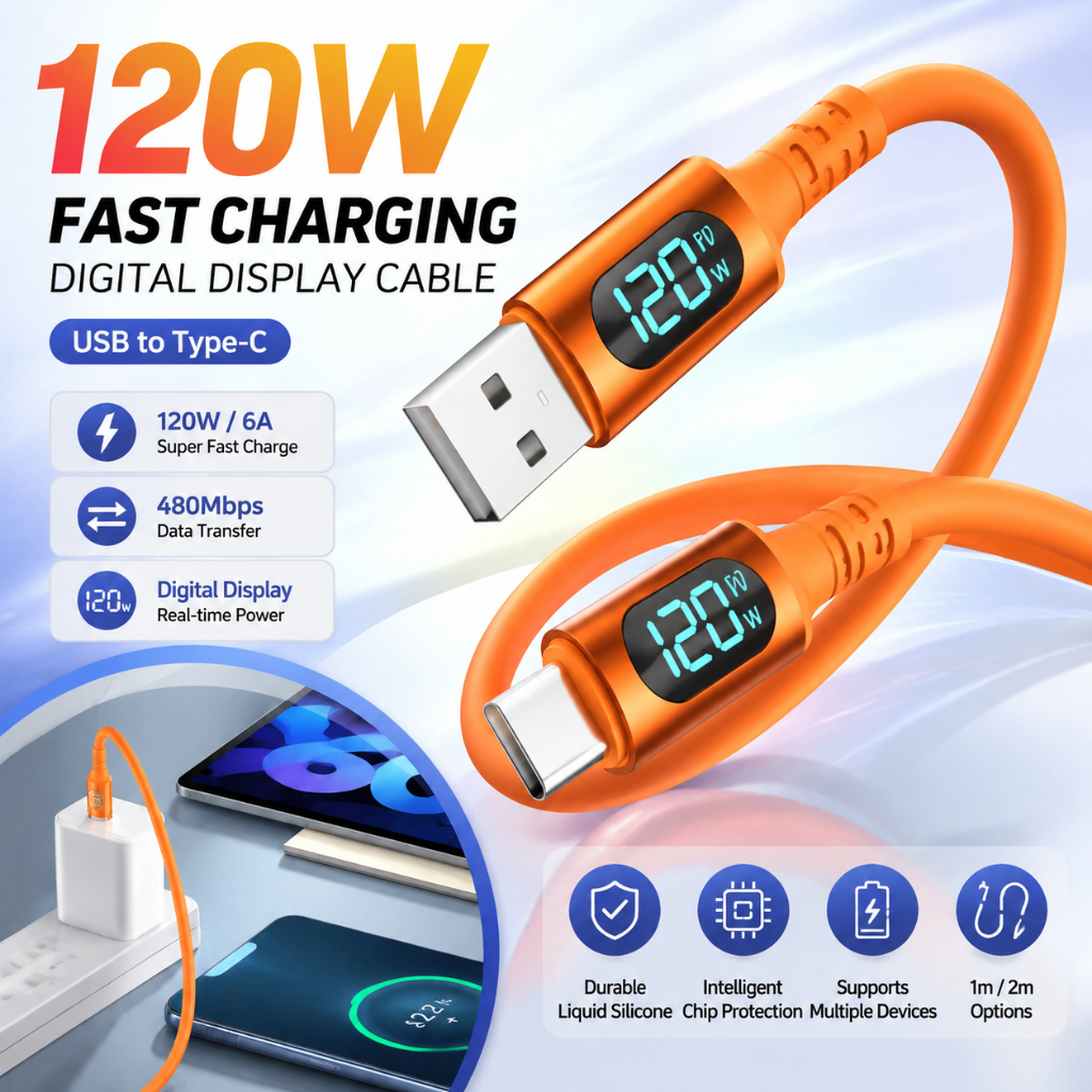 สายชาร์จดิจิตอลแสดงผล real time 120W 6A USB to Type C / Type C to C สายชาร์จเร็ว ซิลิโคนเหลว 1M 2M รองรับอุปกรณ์พอร์ต Type C deca.digital.th
