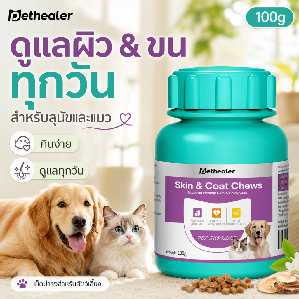 PETHEALER เม็ดบำรุงผิวหนังและเส้นขน สุนัขและแมว 100g ขนมสัตว์เลี้ยง สูตรเนื้อวัว เป็ด ไก่ ดูแลขนทุกวัน