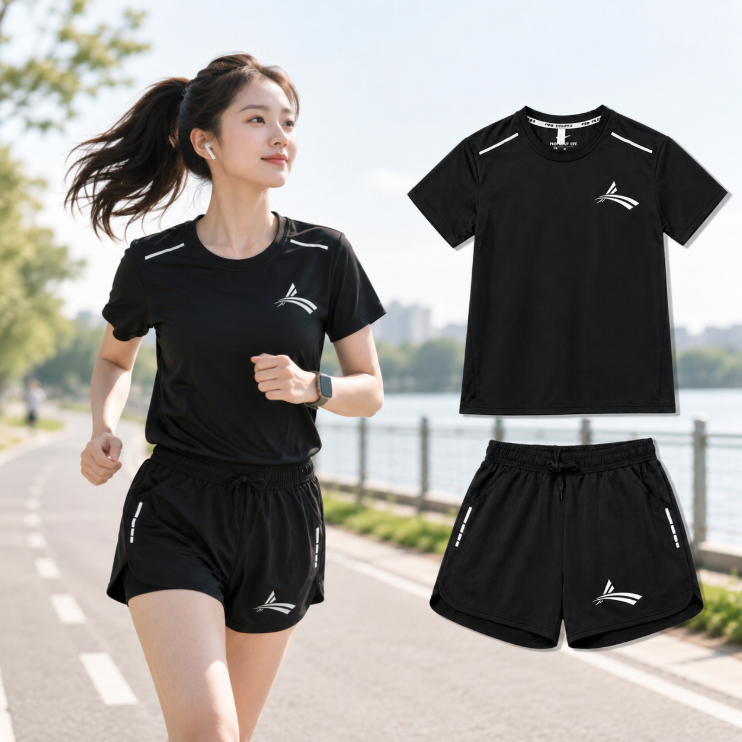 ชุดกีฬาสุภาพสตรีเสื้อยืดแขนสั้น + กางเกงขาสั้นแห้งเร็วระบายอากาศได้เหมาะสําหรับวิ่งออกกําลังกายกลางแจ้ง
