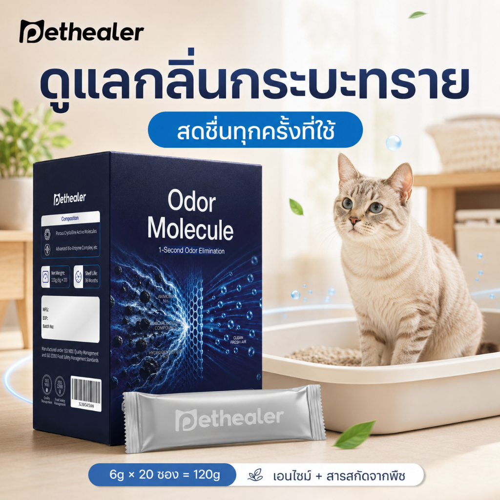 Pethealer ผงดูแลกลิ่นกระบะทรายแมว 6g×20 ซอง 120g เอนไซม์และสารสกัดจากพืช ไม่เติมน้ำหอม ใช้ได้กับทรายแมวหลายชนิด