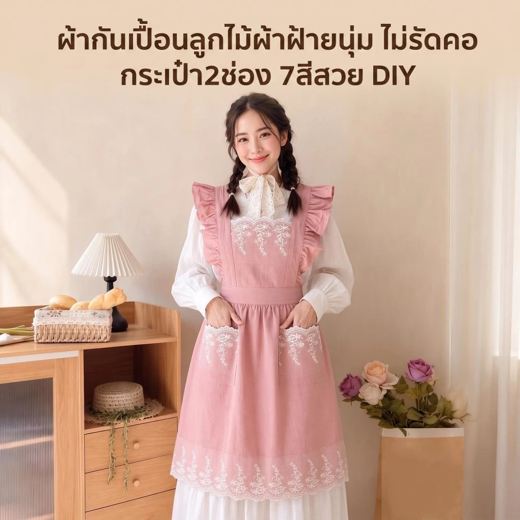 ผ้ากันเปื้อนผ้าฝ้ายนุ่ม สวมใส่สบาย ไม่รัดคอ 7 สีสดใส มีกระเป๋าหลายช่อง เหมาะสำหรับงาน DIY งานฝีมือ ทำเทียน ระบายสี