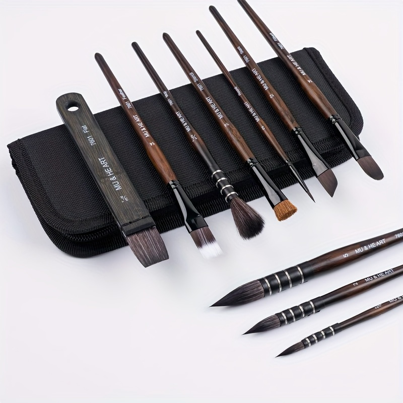 Professional 10 ชิ้นไม้ไผ่จับสัตว์ผสมผมศิลปินแปรงชุดสําหรับสีน้ํา,อะคริลิค,Gouache,Dagger,รอบ,Oval,Flat Shape