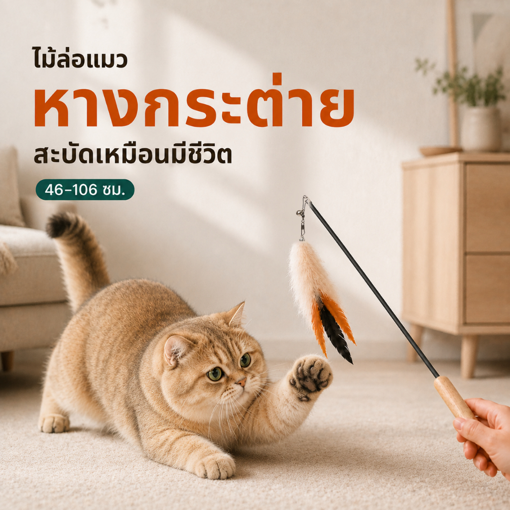 ไม้ตกแมว ไม้ล่อแมว ยืดหดได้ 46-106 ซม. หัวเปลี่ยนได้ ขนฟูนุ่ม มีกระดิ่ง ของเล่นแมว