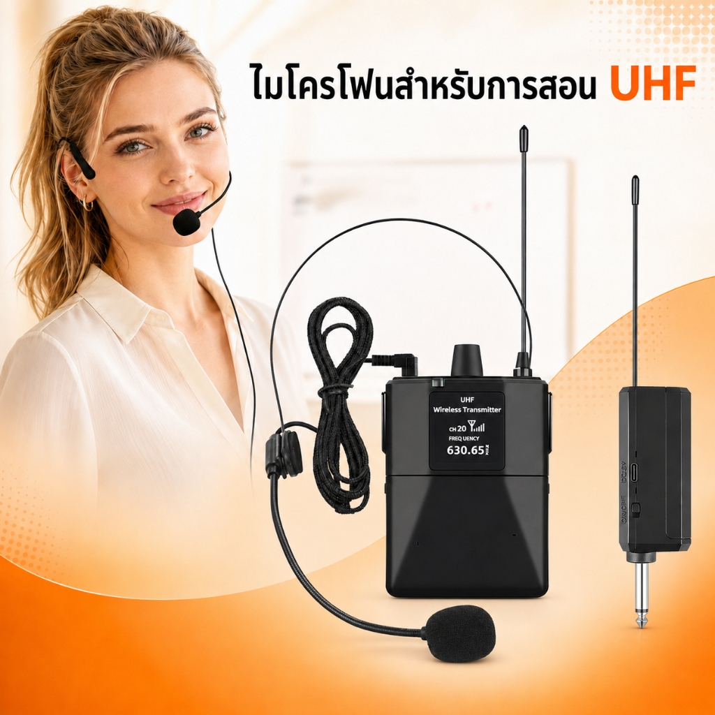 ไมโครโฟนไร้สาย UHF แบบคาดศีรษะ/คาดเอว เหมาะสำหรับการสอน การนำเที่ยว และการประชุม