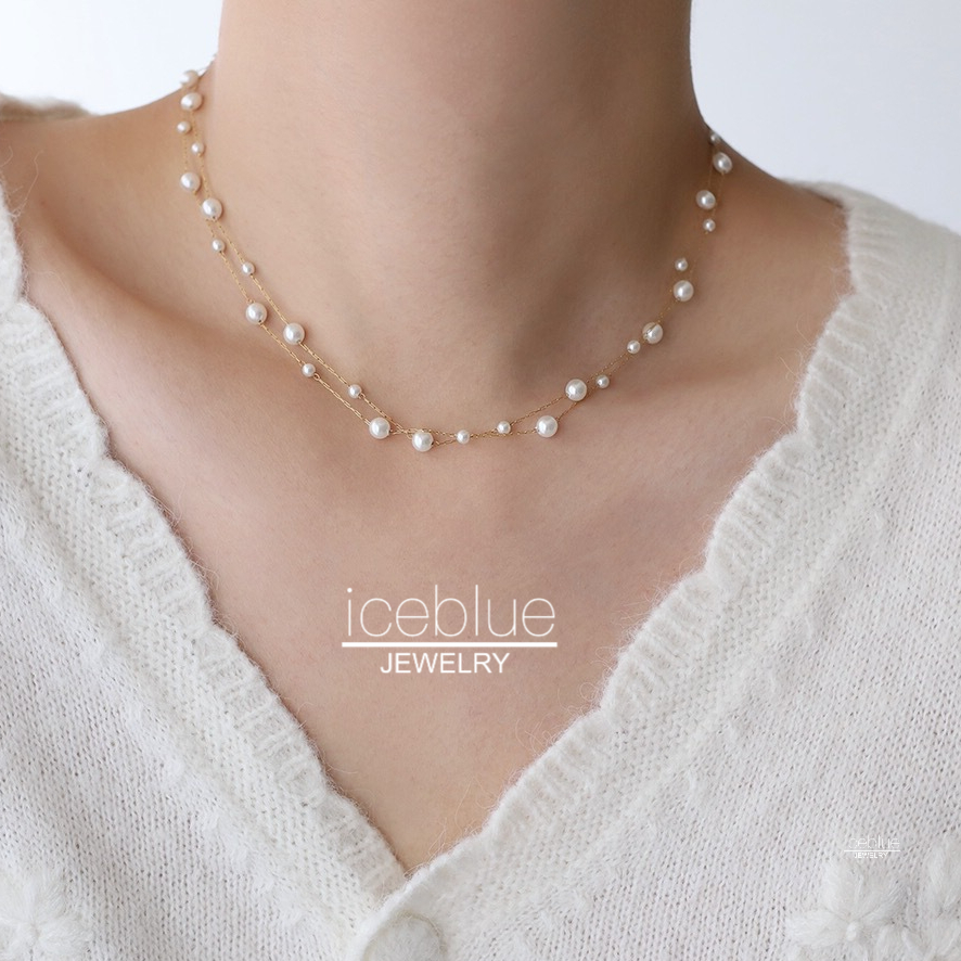 Iceblue-Double Layer Delicate Pearl Chain Set สร้อยคอ Choker สําหรับผู้หญิงกันน้ํา Non Tarnish Trend High End N02