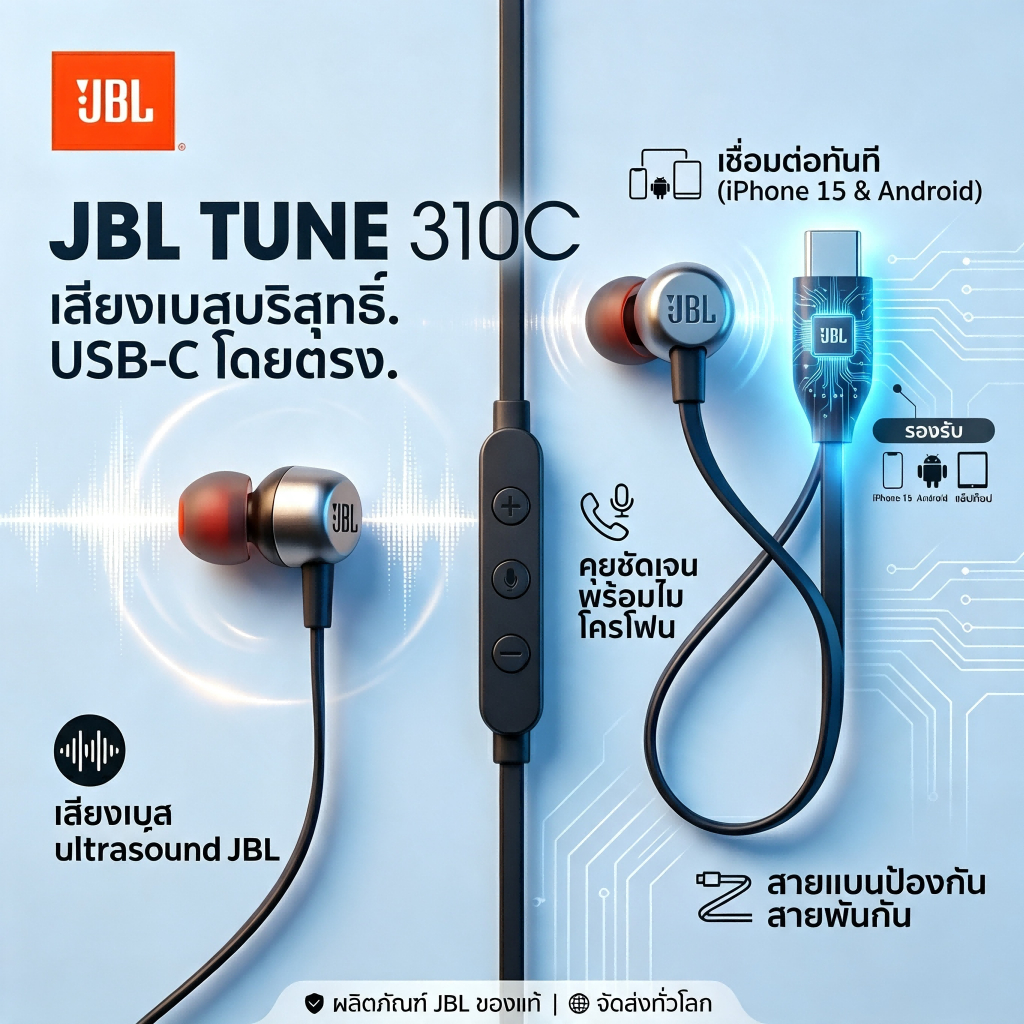 JBL Tune 310C หูฟังอินเอียร์ USB-C หูฟังแบบมีสายพร้อมไมโครโฟนและรีโมท