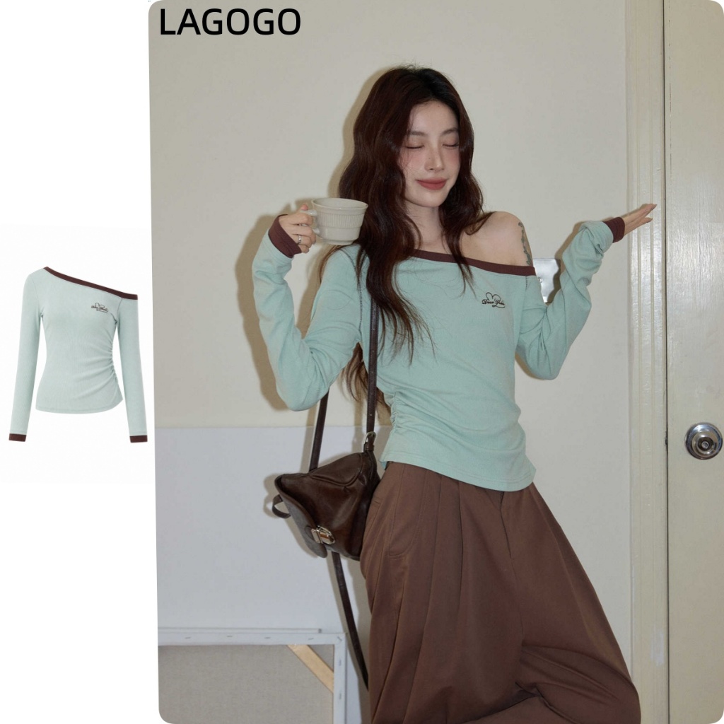 เสื้อยืดเปิดไหล่สีเขียว สไตล์เกาหลี แขนยาวไหล่เฉียง เข้ารูปและสวมใส่ง่าย