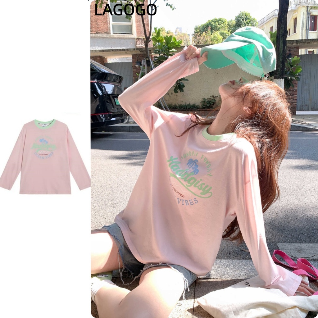 เสื้อยืด Dopamine สีชมพูสไตล์เกาหลีผู้หญิงแขนยาวฤดูร้อนสไตล์ใหม่เสื้อกันแดดหลวมบาง
