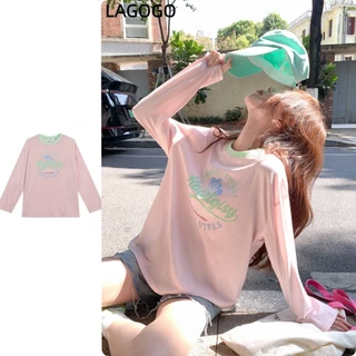 เสื้อยืด Dopamine สีชมพูสไตล์เกาหลีผู้หญิงแขนยาวฤดูร้อนสไตล์ใหม่เสื้อกันแดดหลวมบาง