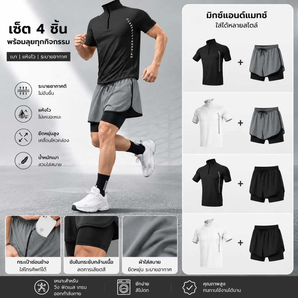 ผู้ชายแขนสั้นออกกำลังกายวิ่งสองชิ้นแห้งเร็วระบายอากาศการจัดส่งที่รวดเร็ว