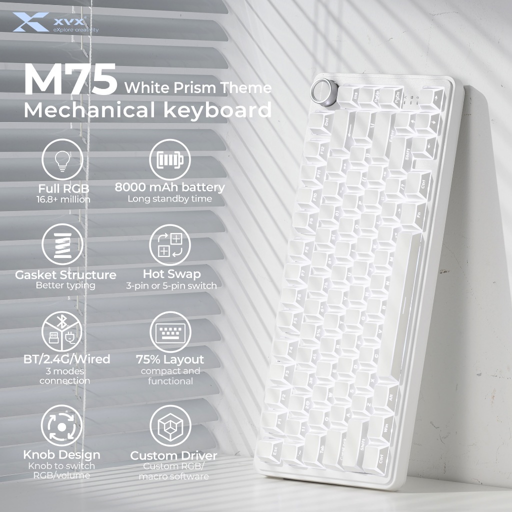 XVX M75 White Prism /Forged Carbon Mechanical Keyboard Triple-Mode Connectivity Hot-Swappable Full R