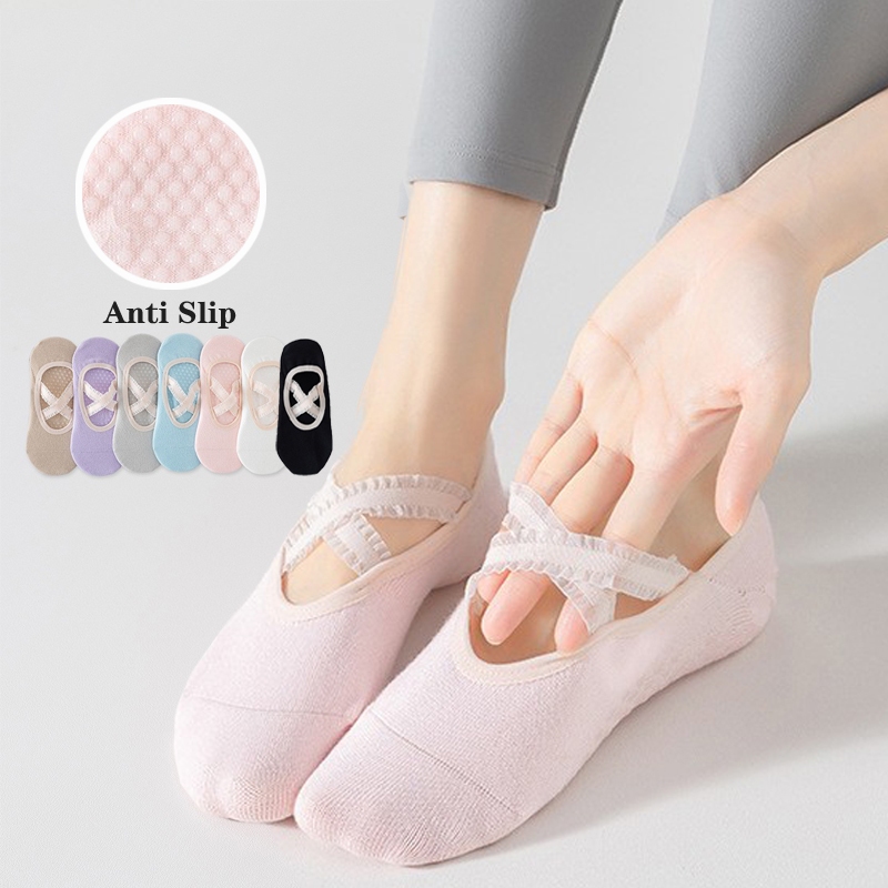 สง่างาม เรียบง่ายลูกไม้ตัดสายไขว้ ด้ามจับโยคะพิลาทิสถุงเท้าสําหรับผู้หญิงกันลื่นระบายอากาศยิมฟิตเนสชั้นแอโรบิกกีฬาถุงเท้าในร่ม