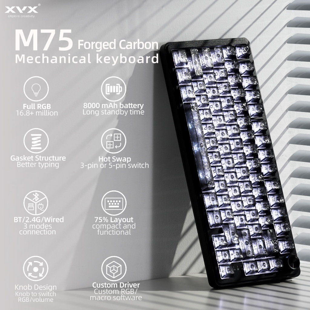 XVX M75 ปลอมคาร์บอนคีย์บอร์ด Hot-Swappable Triple-Mode Connectivity Full RGB Backlight 8000mAh แบตเต