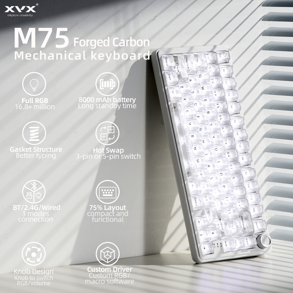 XVX M75 White Prism /Forged Carbon Mechanical Keyboard Full RGB Backlight Triple-Mode Connectivity H
