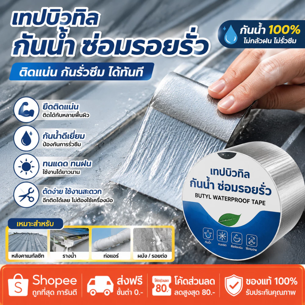 เทปกาวกันน้ำ | กาวแปะท่อรั่วแบบกว้างพิเศษ 5-30cm | แผ่นแปะอุดรอยแตกร้าวผนังและหลังคา | เทปซีลแนบแน่นแรงสูง | ทนทานพื้นที่กว้าง