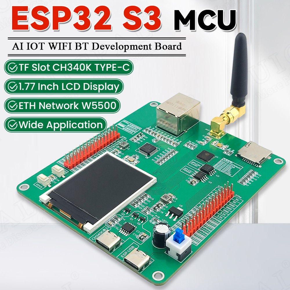 ESP32 S3 บอร์ดพัฒนา 1.77 นิ้วจอแสดงผล LCD BT 2.5dbi WiFi โมดูล AI อินเทอร์เน็ตของ W5500 ETH N16R8 CH