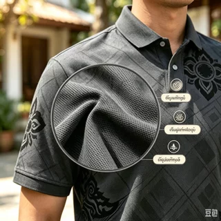 เสื้อโปโลธุรกิจผู้ชาย สำหรับทำงานออฟฟิศ Sirikit ลายพิมพ์ไทยสีดำ ผ้าไมโครวูลอ่อนโยนต่อผิว ระบายอากาศ ไม่อึดอัด เสื้อยูนิฟอร์มสำนักงานหลายโอกาส