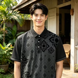เสื้อโปโลธุรกิจผู้ชาย สำหรับทำงานออฟฟิศ Sirikit ลายพิมพ์ไทยสีดำ ผ้าไมโครวูลอ่อนโยนต่อผิว ระบายอากาศ ไม่อึดอัด เสื้อยูนิฟอร์มสำนักงานหลายโอกาส