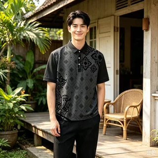 เสื้อโปโลธุรกิจผู้ชาย สำหรับทำงานออฟฟิศ Sirikit ลายพิมพ์ไทยสีดำ ผ้าไมโครวูลอ่อนโยนต่อผิว ระบายอากาศ ไม่อึดอัด เสื้อยูนิฟอร์มสำนักงานหลายโอกาส