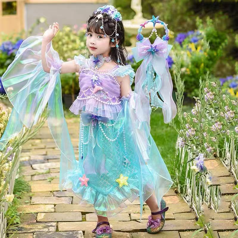 เซตกระโปรงนางเงือกเด็กผู้หญิง สีม่วงฟ้า แต่งโบว์ลูกไม้ สไตล์เจ้าหญิงแฟนซี สำหรับปาร์ตี้วันเกิด การแสดง ถ่ายรูป