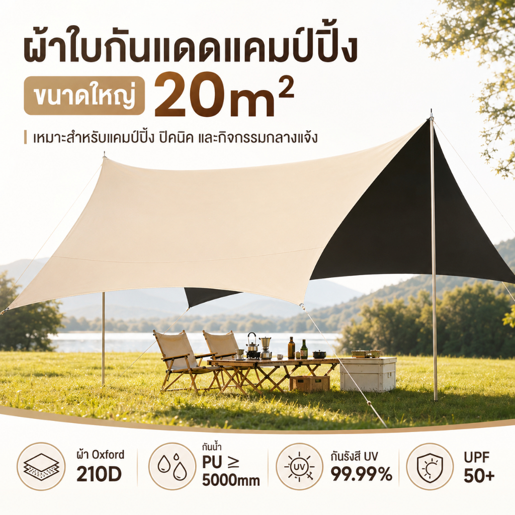 เต็นท์สนาม ขนาดใหญ่ กันแดด กันฝน 20㎡ เต็นท์แคมป์ปิ้ง ผ้า Oxford 210D พร้อมเคลือบกันน้ํา PU5000mm ครบ