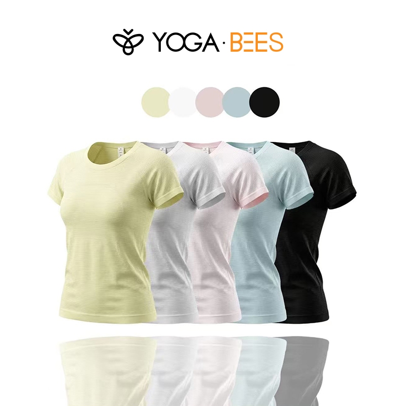 โยคะ BEES วาฟเฟิลแห้งเร็วคอลูกเรือแขนสั้นเสื้อยืดกีฬา Raglan Slim Fit Breathable Anti-Squat โยคะยิมวิ่งออกกําลังกาย Casual Top 5 สี