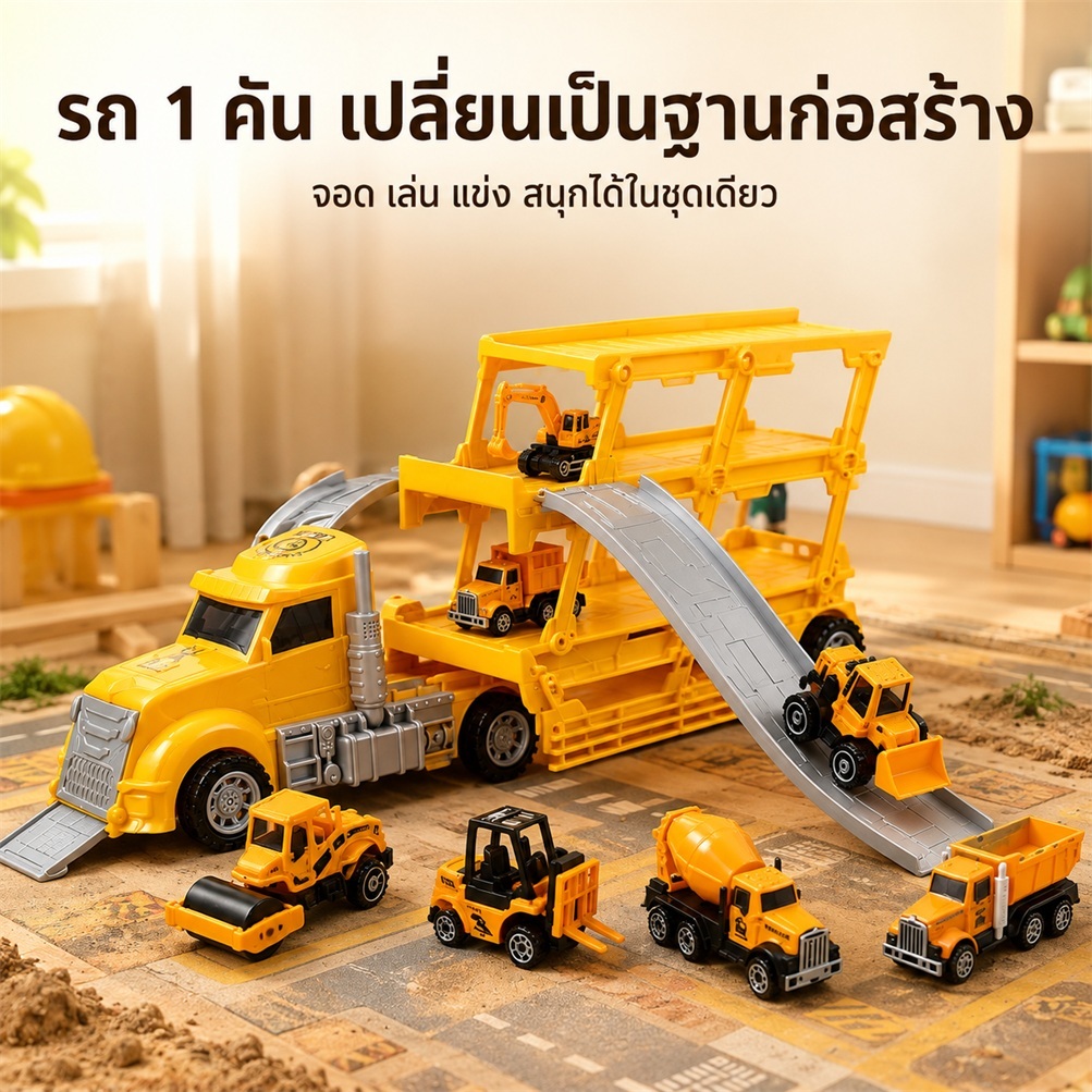 รถบรรทุกคอนเทนเนอร์ 2IN1 พับได้ รางคู่สไลด์ 4 ชั้น จอดรถได้ 6 คัน พร้อมรถวิศวกรรม รถของเล่นแรงเฉื่อย