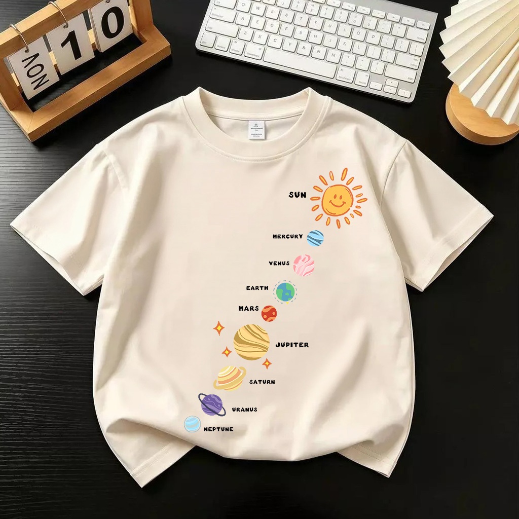 NASA เสื้อยืดคอกลมสำหรับเด็ก อวกาศ แขนสั้น ผ้าฝ้าย 100% ดีไซน์สไตล์เกาหลี เหมาะสำหรับเด็กอายุ 1-12 ปี