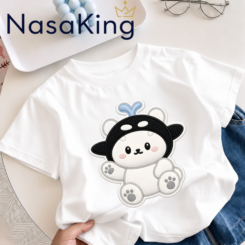 【จัดส่งภายใน 24 ชม.】เสื้อยืดเด็ก ลาย Polcasan ตัวการ์ตูนแมวปลาวาฬ เสื้อยืดเด็กผ้าฝ้าย เหมาะทุกวัย 3-12 ปี