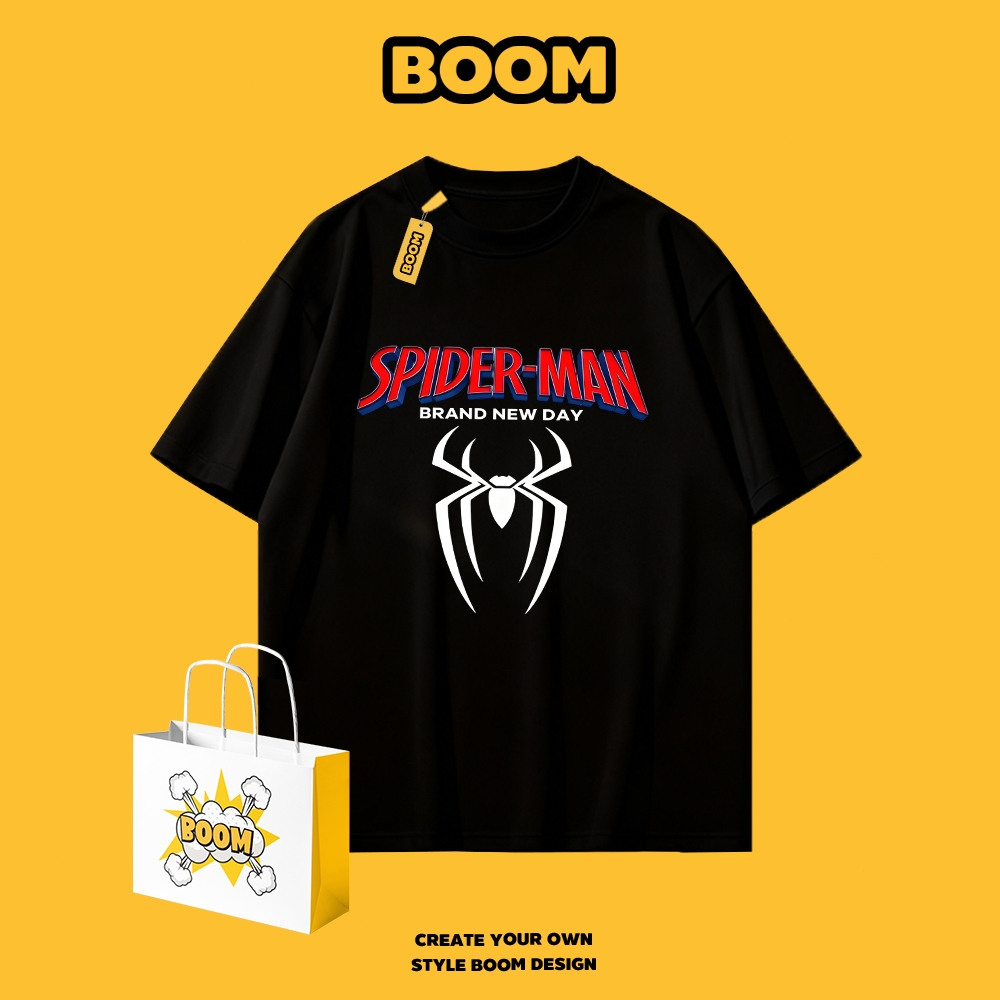 BOOM เสื้อคอกลมฤดูร้อน ผ้าฝ้าย 100% ลายสไปเดอร์แมนเท่ๆ แขนสั้น หลวมและระบายอากาศ แฟชั่นคลาสสิก