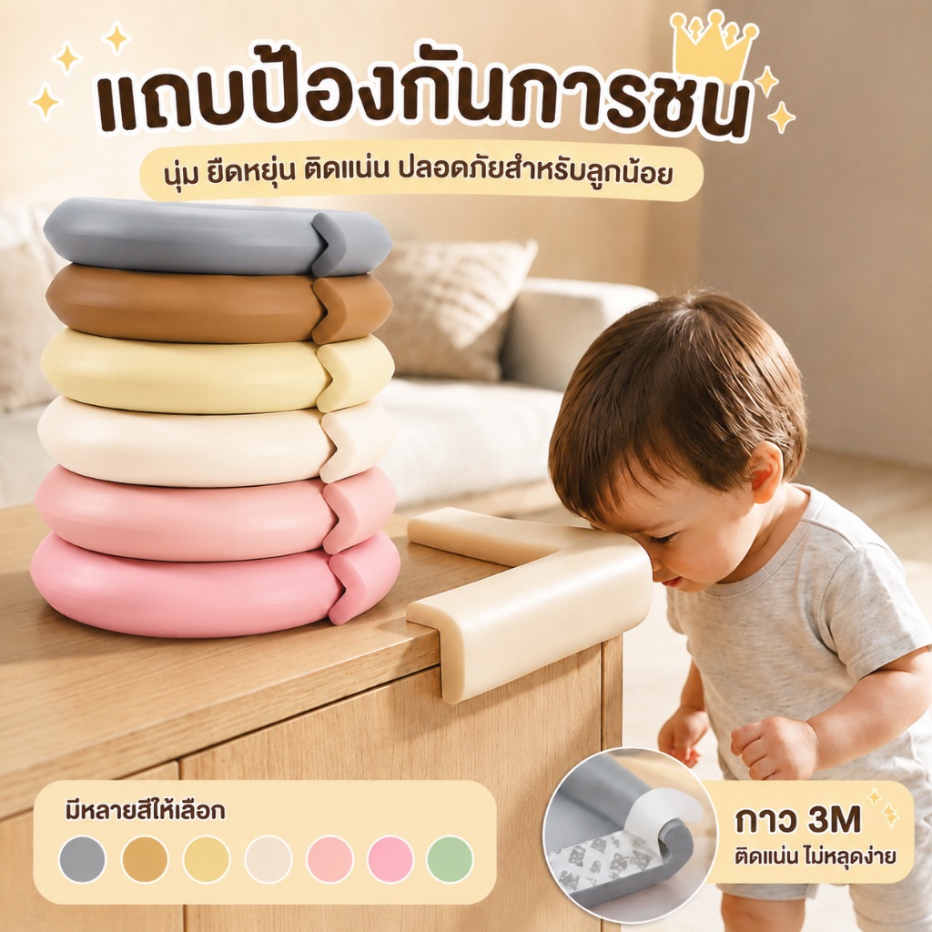 แถบโฟมกันกระแทกขอบโต๊ะ ป้องกันมุมโต๊ะเด็ก นุ่มหนา ลดการชน ลดอุบัติเหตุ พร้อมเทปกาวสองหน้า หลายสี